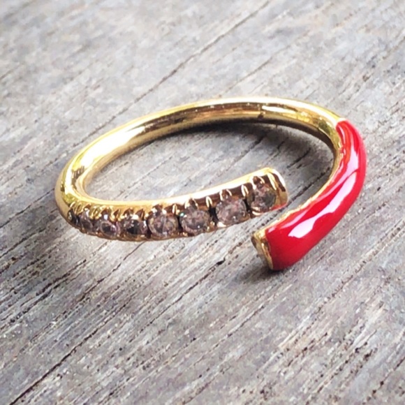 YG Plated Red Enamel CZ Adjustable Ring - Picture 5 of 8